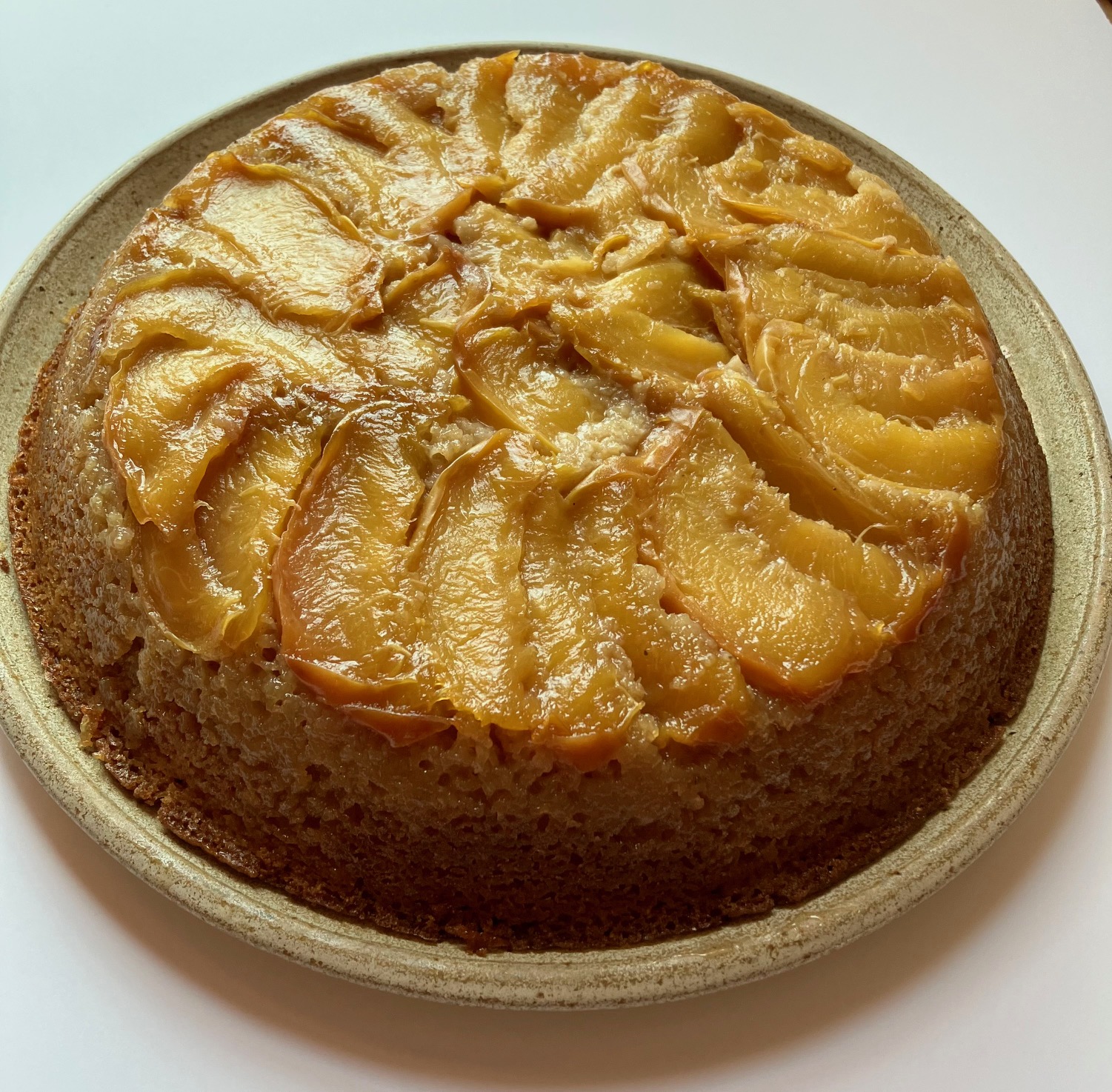 nectarine cornmeal upside down cake on plate