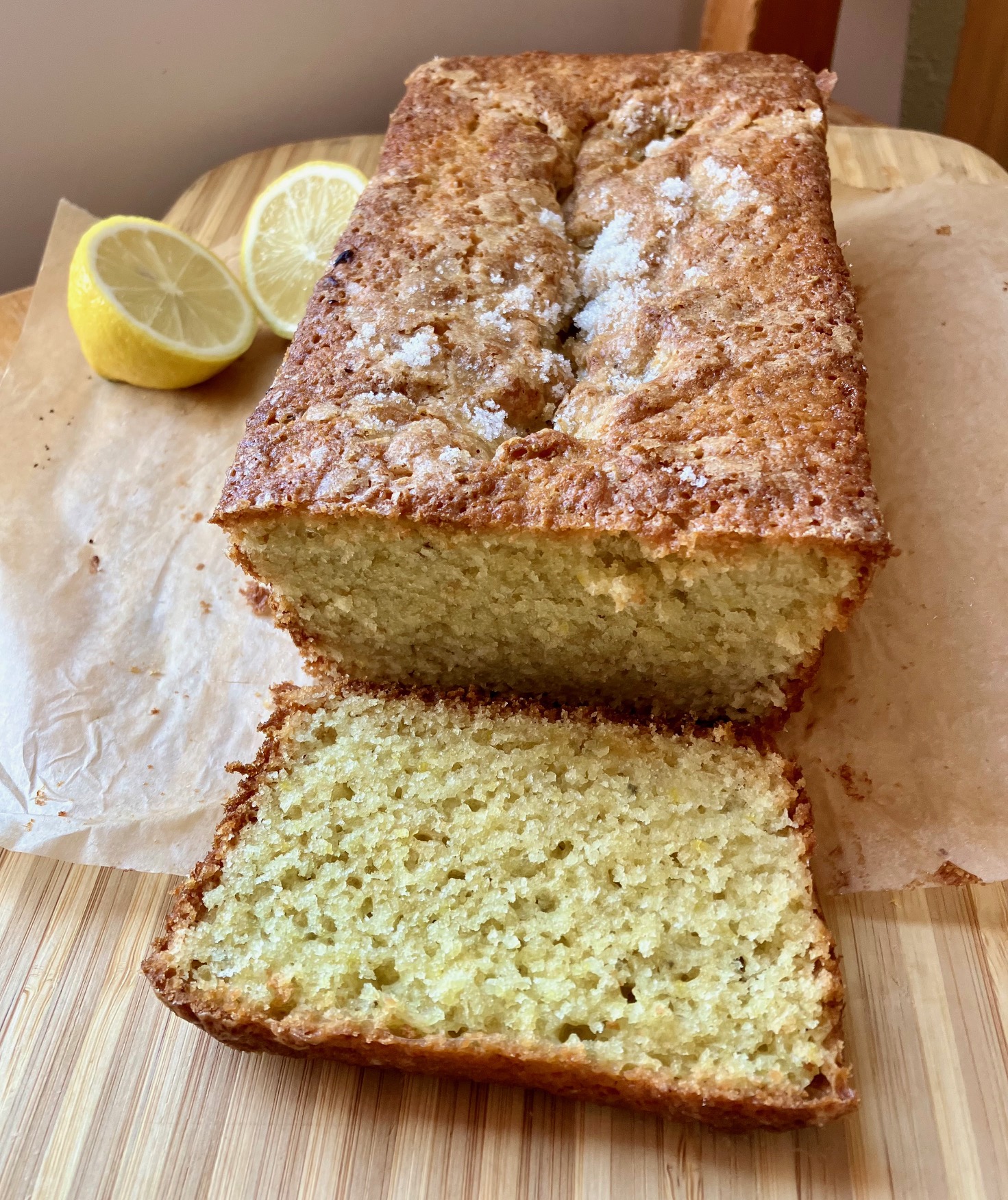 Lemon lavender loaf with a slice cut out