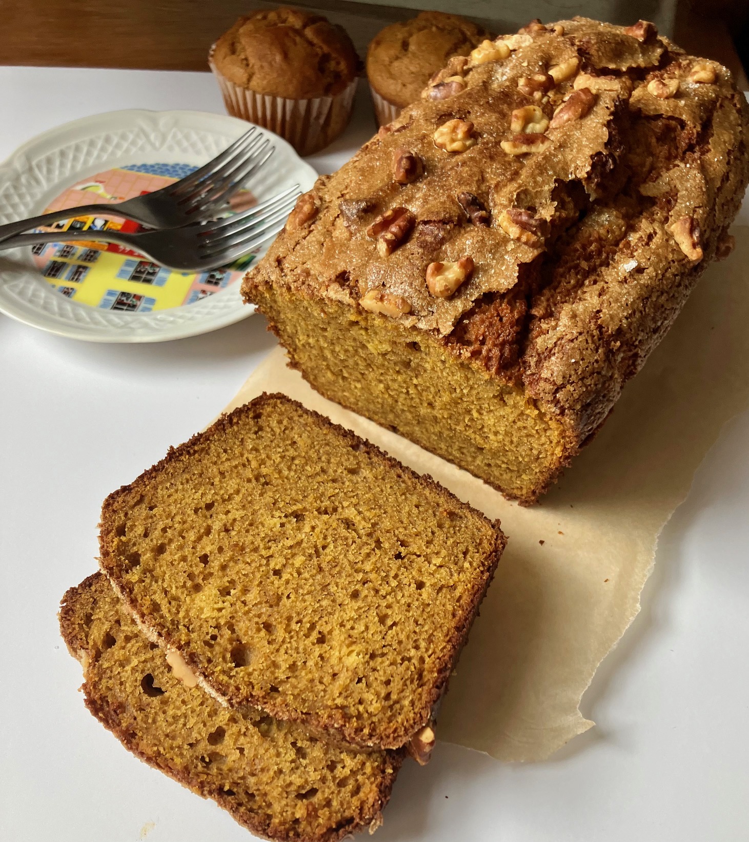 Miso brown sugar pumpkin loaf with two slices