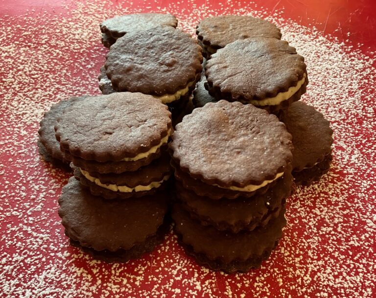 Spiced chocolate sandwich cookies with miso brown butter icing