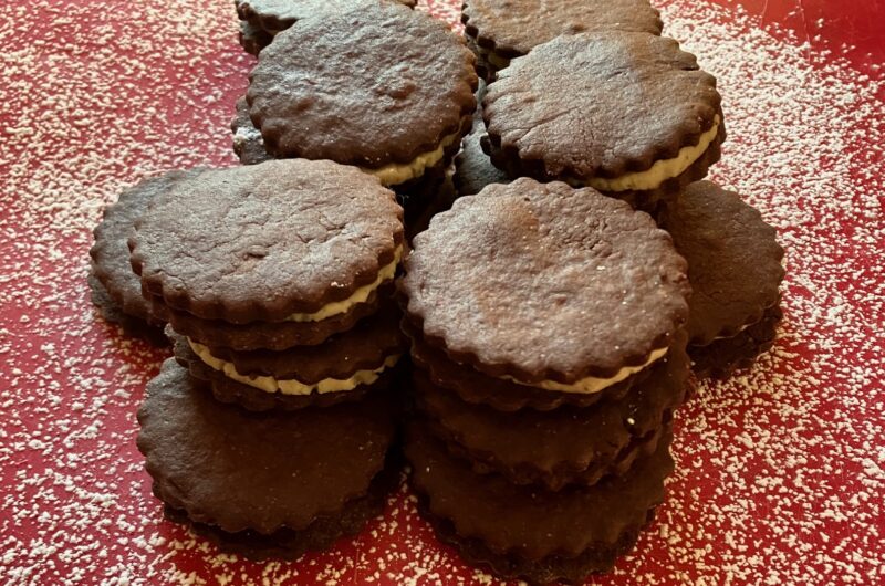 Spiced chocolate sandwich cookies with miso brown butter icing