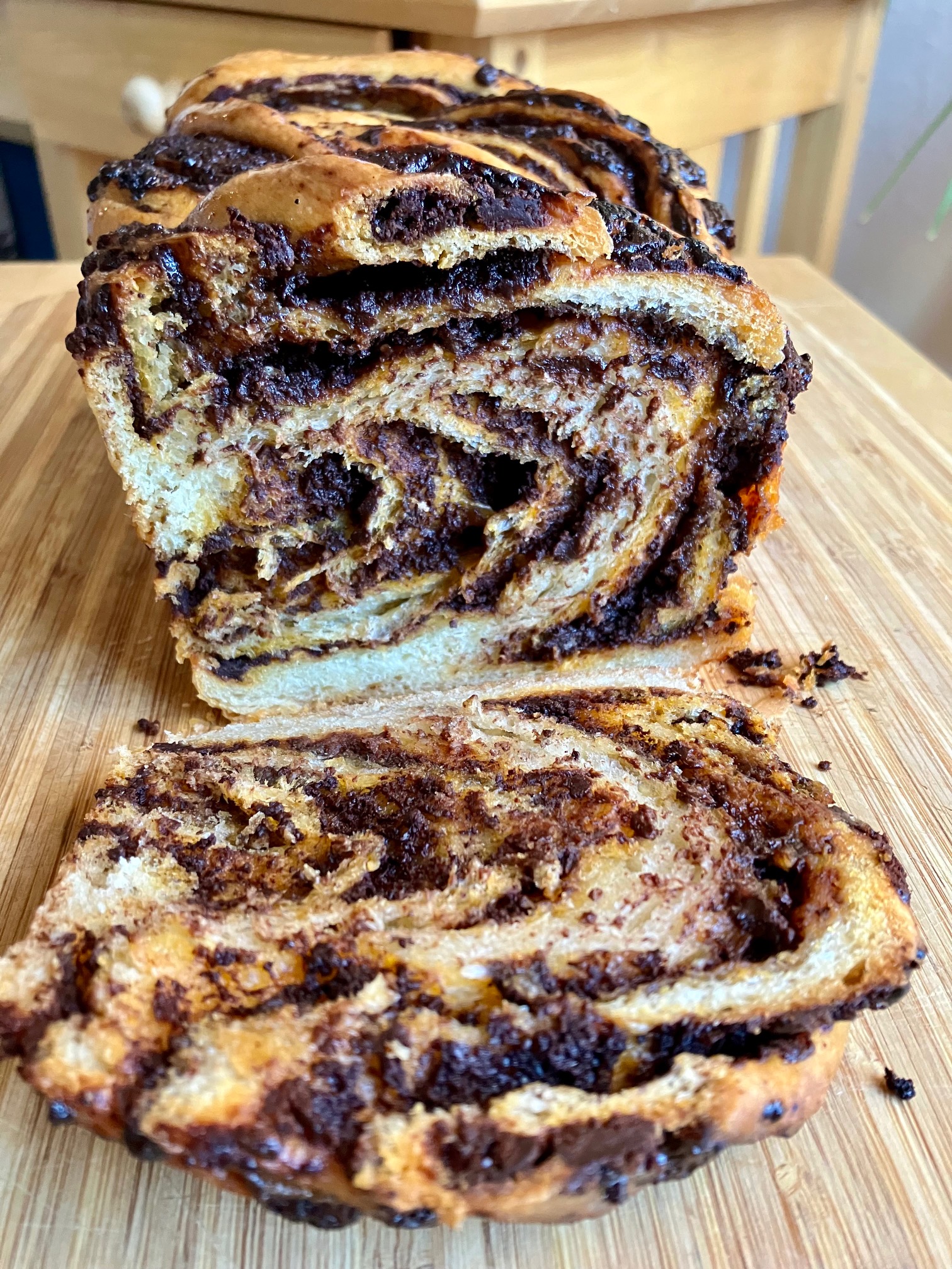 chili chocolate babka with a slice on the table