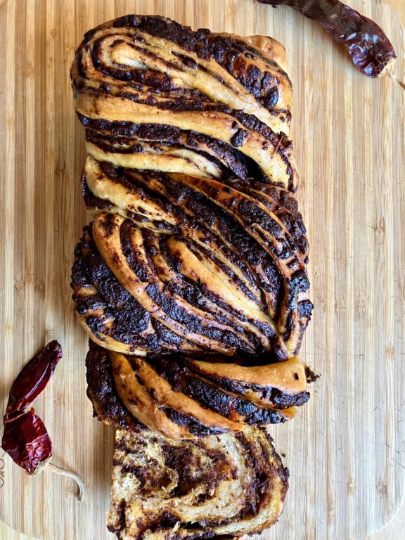 top view of chili chocolate babka