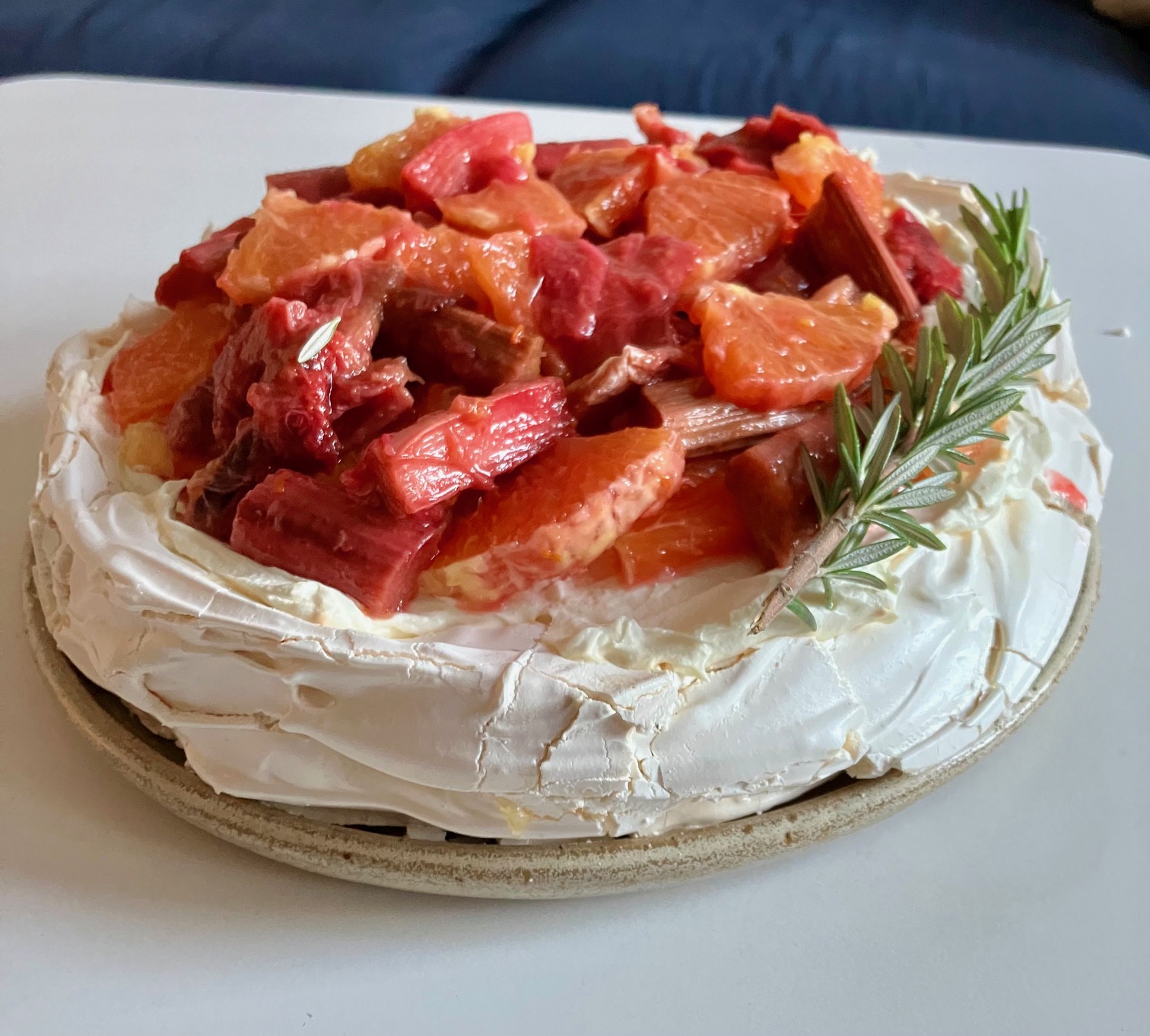 Rhubarb orange pavlova on a plate