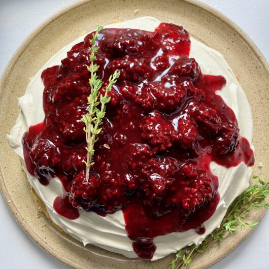 Thyme cake with tahini whip and blackberry compote