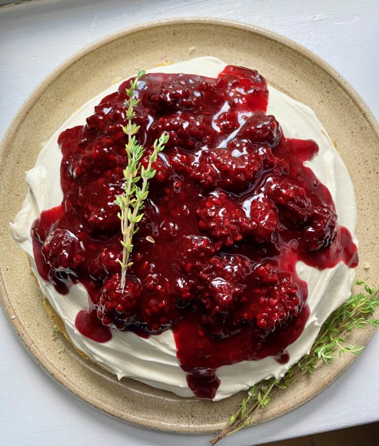 Thyme cake with tahini whip and blackberry compote